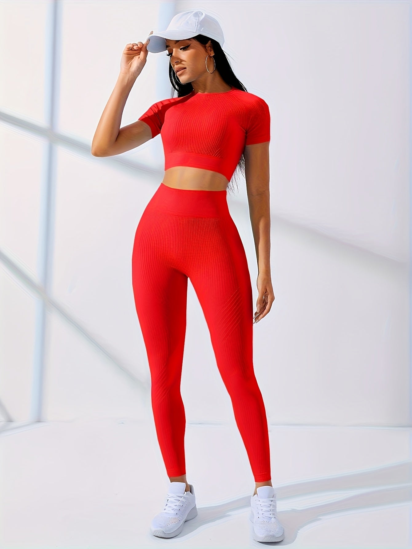 Women's 2pcs Workout Set - Yoga Top & Leggings, Crew Neck, Medium Stretch, Solid Color, All-Season Activewear, Workout