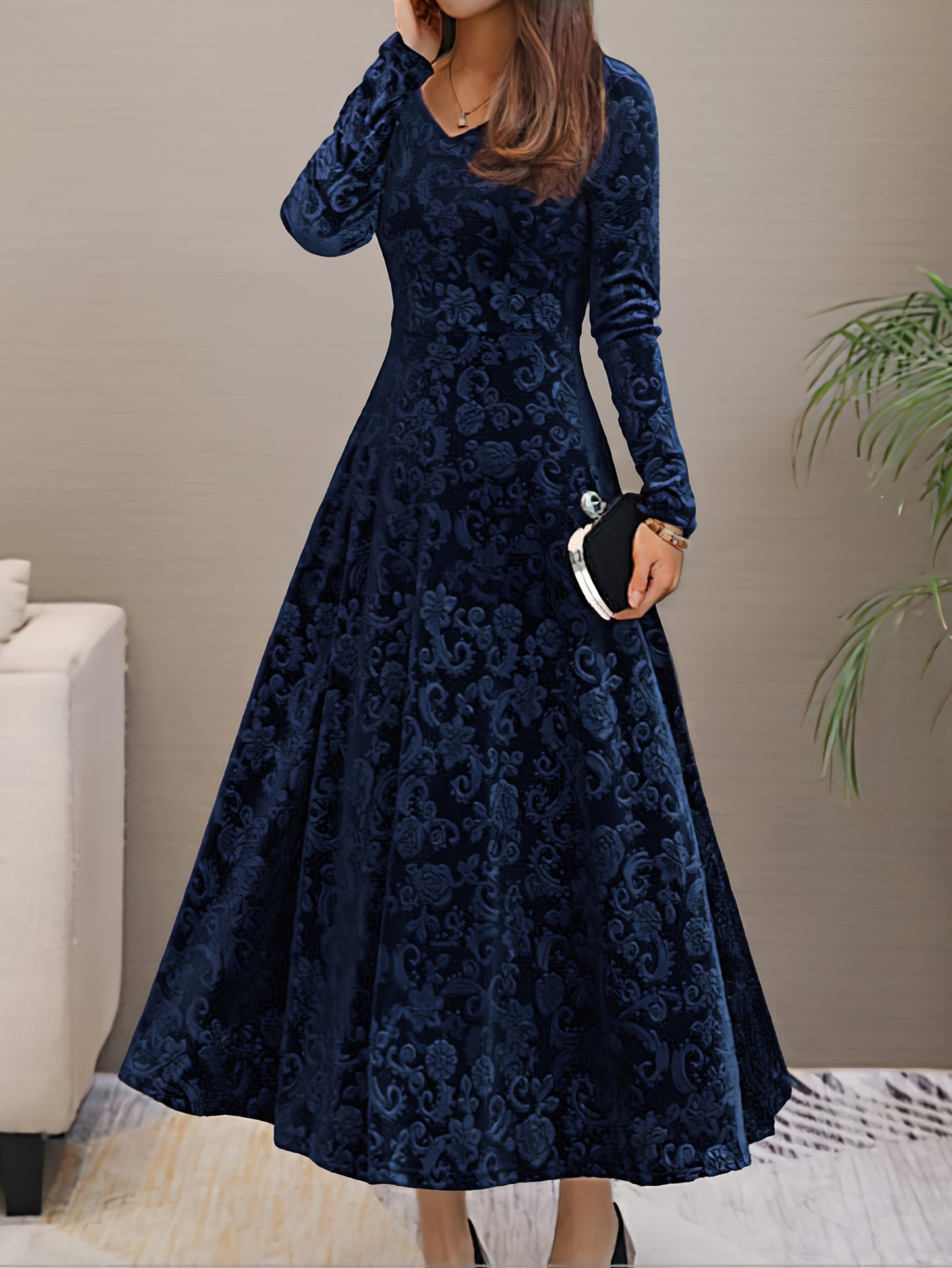 Autumn Women's Velvet Embossed Long Sleeve Dress, Bodycon V-Neck Midi Flared Elegant Evening Party Wedding Guest Gown