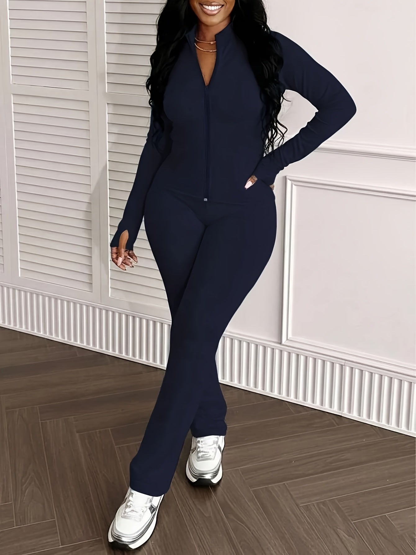 Women'S 2pcs Solid Color Fitted Sports Set Zipper Jacket & Pants Spring Autumn Yoga Workout Wear