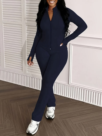 Women'S 2pcs Solid Color Fitted Sports Set Zipper Jacket & Pants Spring Autumn Yoga Workout Wear