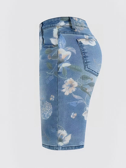 Plus Size Women Summer Clothes Women'S Stretch Floral Print Plus-size Denim Shorts, High-waisted For A Flattering And Effect, Retro Street Style, Highly Stretchy And Comfortable Fit, Perfect For Spring And Summer.