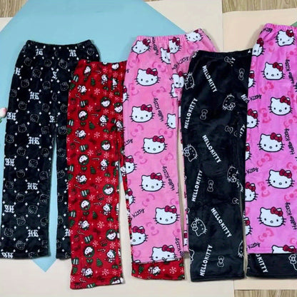 Sanrio Hello Kitty Y2K Kawaii Anime Flannel Pajamas Women'S Warm Cartoon Casual Home Pants Autumn Winter Fashion Trousers