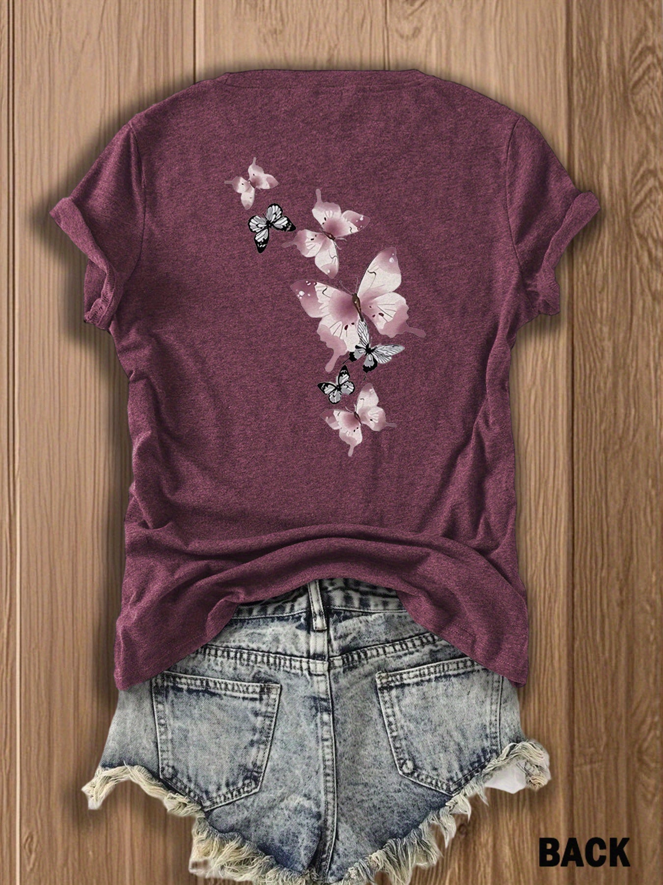 Butterfly Garden Double-Sided Print T-Shirt - Elegant And Whimsical Design, Suitable for Spring Wear, a Perfect Choice for Nature Lovers And Fashion Enthusiasts, Trendy Casual T-Shirt with Double-Sided Print Design