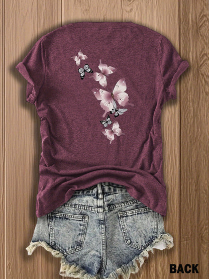 Butterfly Garden Double-Sided Print T-Shirt - Elegant And Whimsical Design, Suitable for Spring Wear, a Perfect Choice for Nature Lovers And Fashion Enthusiasts, Trendy Casual T-Shirt with Double-Sided Print Design