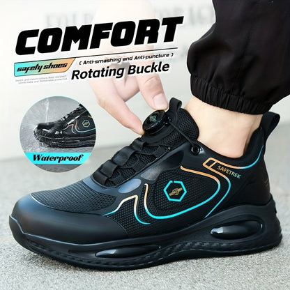 Men's Steel-Toed Work Sneakers with Kevlar Midsole & Lightweight TPU Insole - Anti-Slip/Puncture Safety Shoes, One-Foot Lazy Button Closure, Industrial Footwear with EVA Cushioning, Sturdy Rubber Sole & Breathable Fabric Upper for All-Season Heavy-Duty Pr