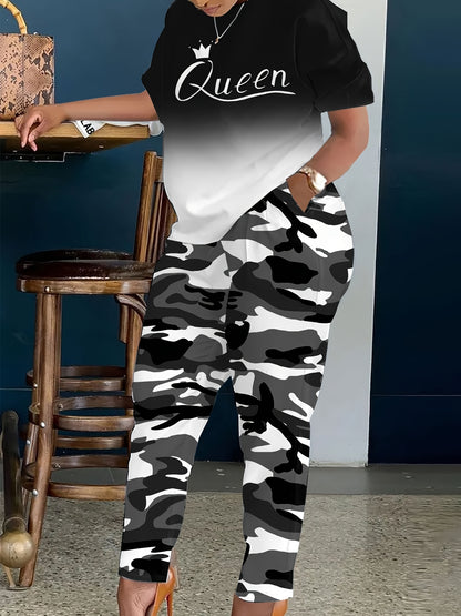 Plus Size - LADIES' Plus Size Daily Fashion Casual Set: Letter Print Crew Neck Short Sleeve T-shirt + Camouflage Long Pants With Pockets