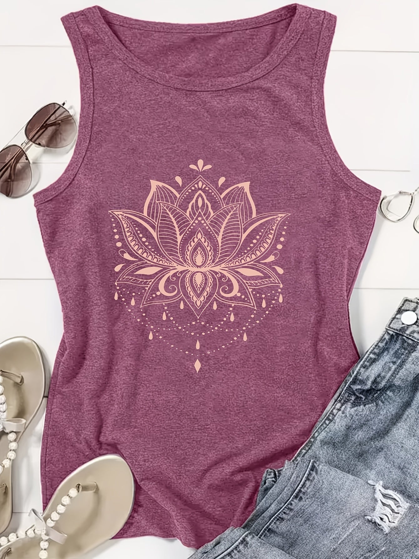 Plus Size Women'S Casual Pattern Vest Lotus Mandala Design Pattern Print Printed, Loose And Versatile, Machine Washable Tank Top, Seasonal Fashion Style, Non-See-Through Material