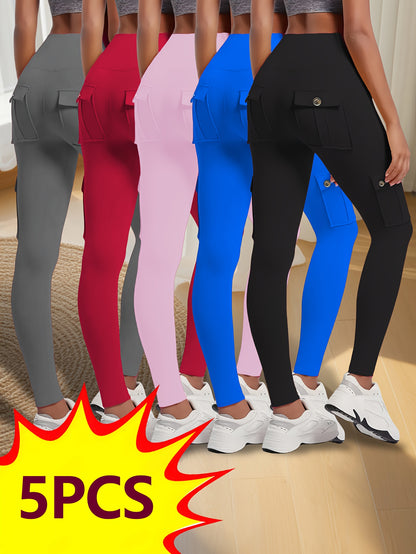 5pcs High-waisted Yoga Pants with 4 Button Pockets, Elastic Buttocks Lifting, Shaping And Abdominal Tightening Running Yoga Pants, Women's Yoga Stretching Exercise Pants, 5pcs Yoga Pants Set, Women's Yoga Pants Set