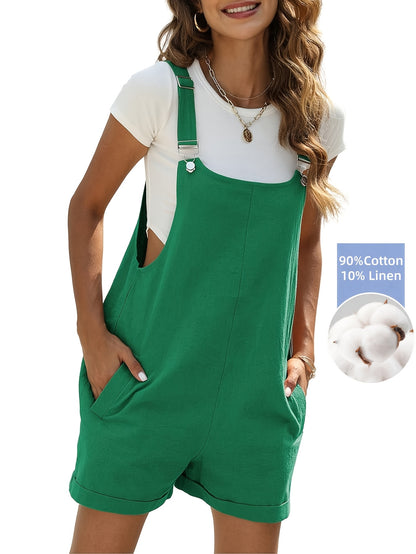 Women'S Linen Stylish Short Overalls Casual Summer Bib Shortalls With Pockets