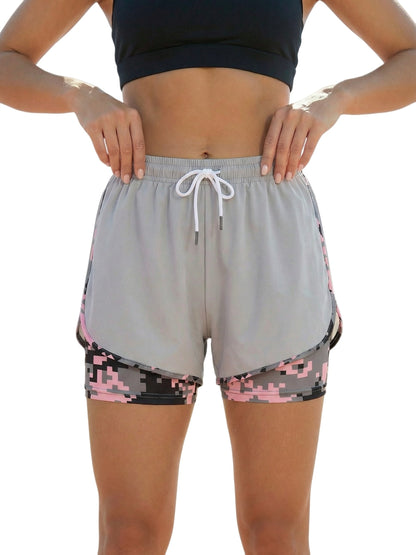 Three Pairs Of Women'S Summer Shorts, Double-layered, Two-in-one Design With Camouflage Pattern, Breathable And Quick-drying, Side Mesh Pockets, Non-stretch Fabric, Regular Fit, Side Pockets, And Casual Style, Free Bracelet Included.