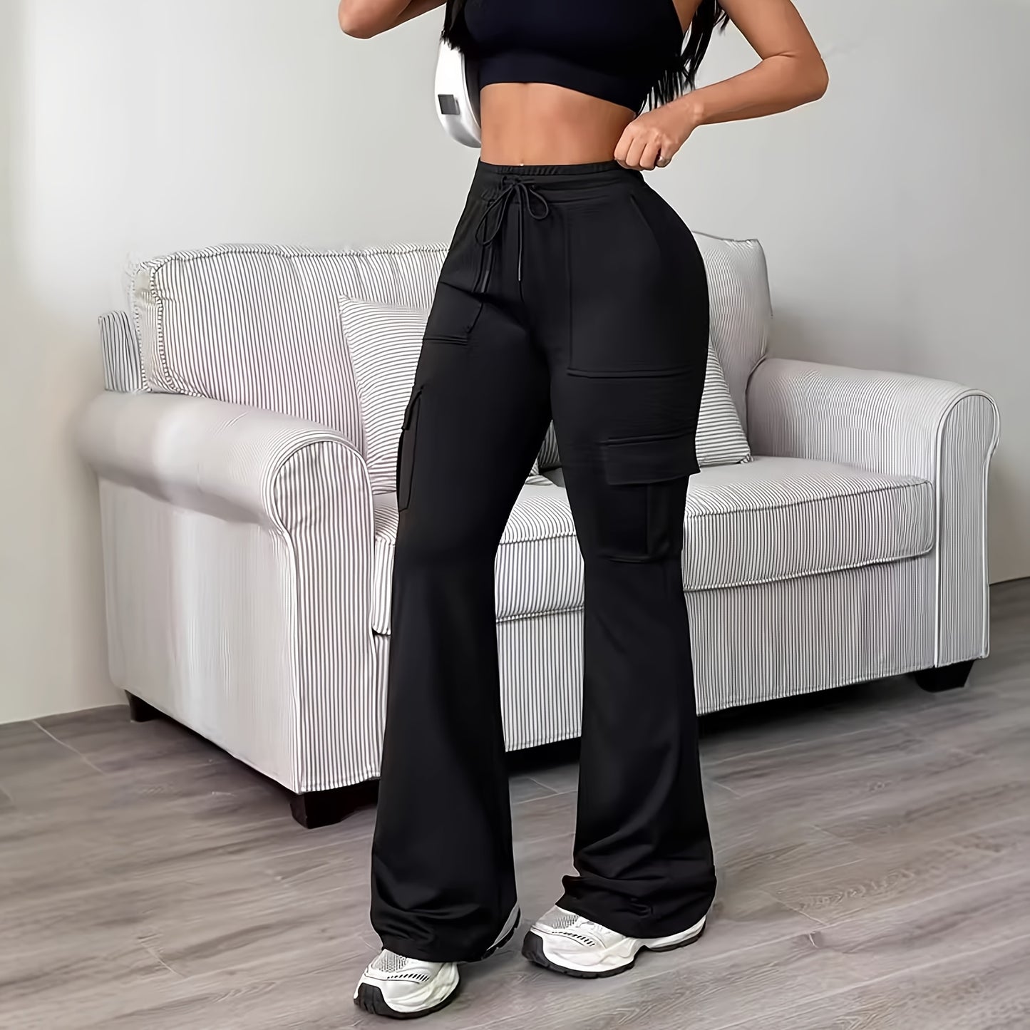 Women'S Solid Color Casual Drawstring Wide-Leg Sweatpants With Pockets, Elastic Waist Micro Flare Cargo Pants, Stretchy Pants For Daily Casual & Wear