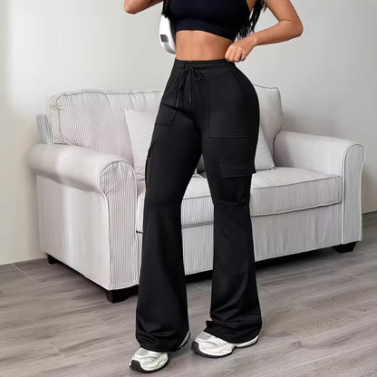 Women'S Solid Color Casual Drawstring Wide-Leg Sweatpants With Pockets, Elastic Waist Micro Flare Cargo Pants, Stretchy Pants For Daily Casual & Wear