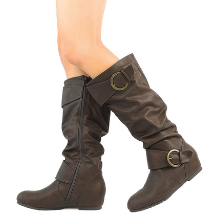 DREAM PAIRS Women's Wide Calf Knee High Boots, Fur-lined Low Hidden Wedge Boots