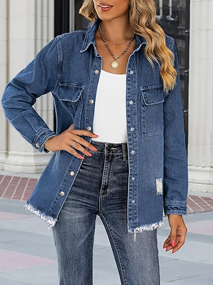 Washed Out Women's Denim Jacket with Pockets; Boyfriend Style; Distressed Look.