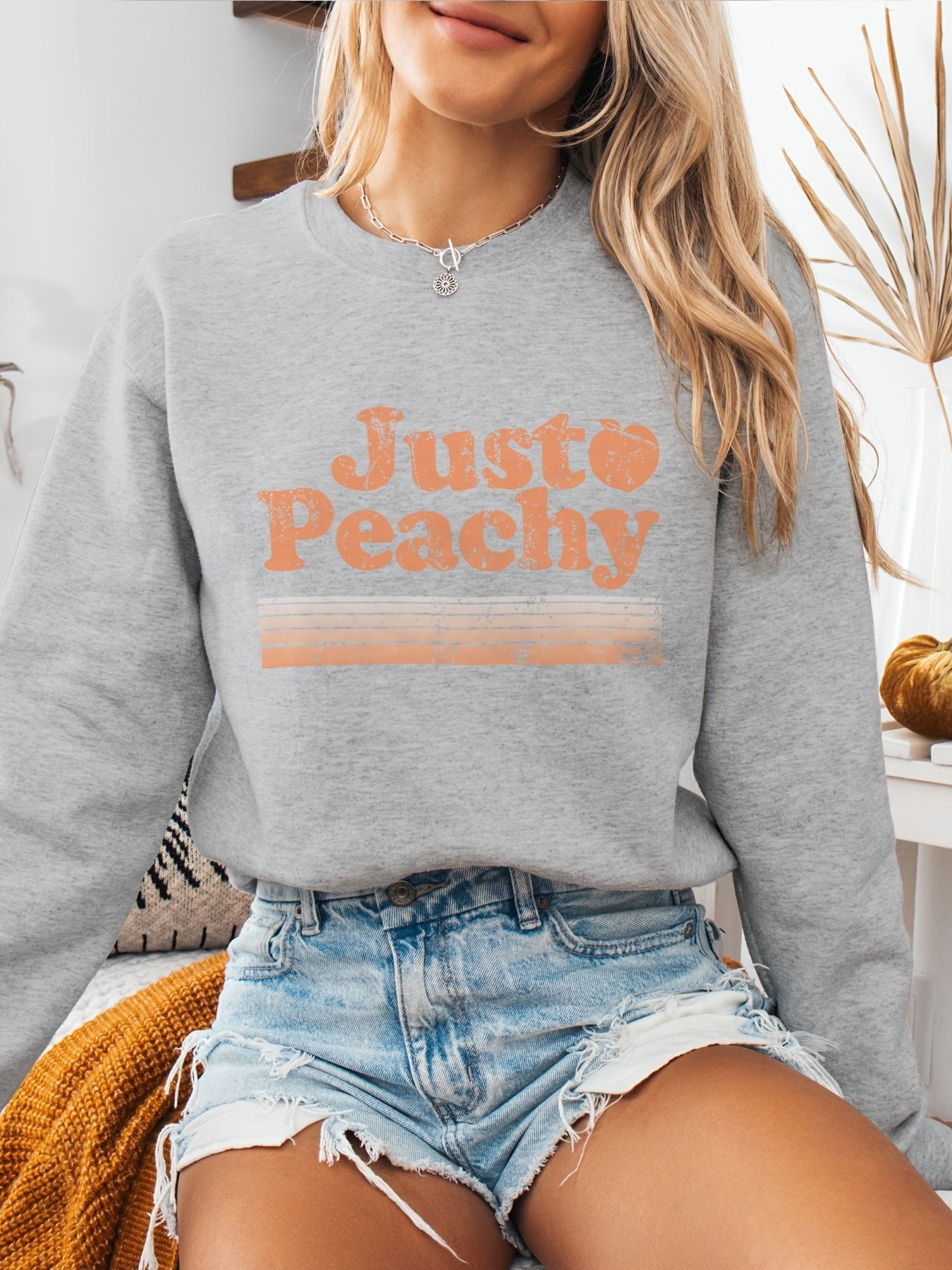 Just Peachy Women's "Just Peachy" Pattern Printed Crewneck Sweatshirt- Polyester Fiber, Loose Fit, 280g Heavyweight Fabric, Machine Washable, Autumn Winter Casual Pullover