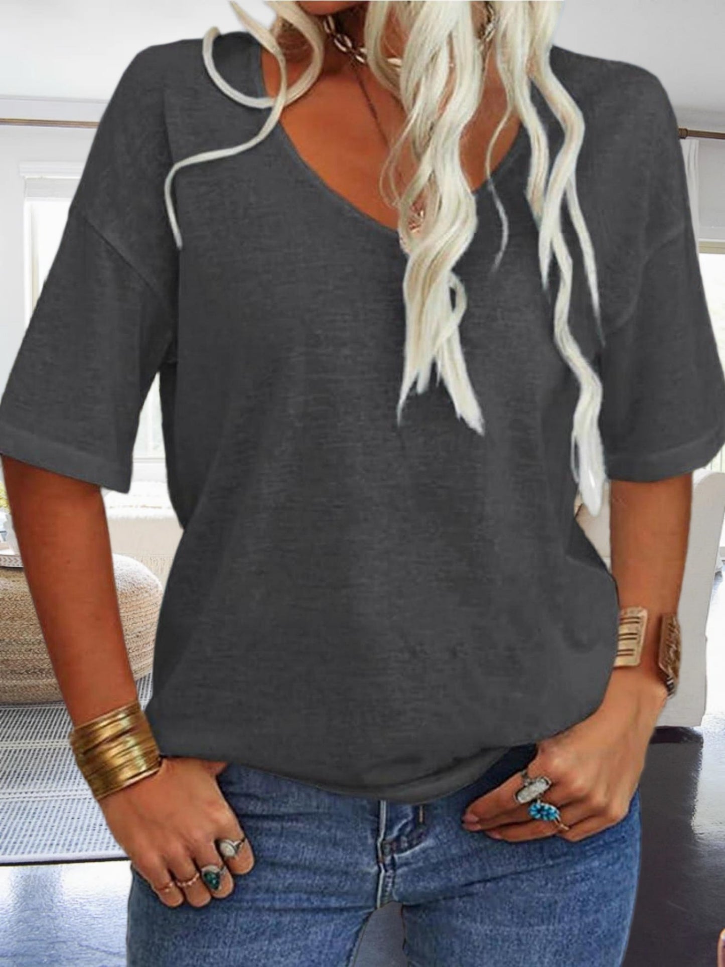 Women's Casual Loungewear Top, Loose V-Neck Short Sleeve Shirt, Soft Comfy Basic Daily Home Wear
