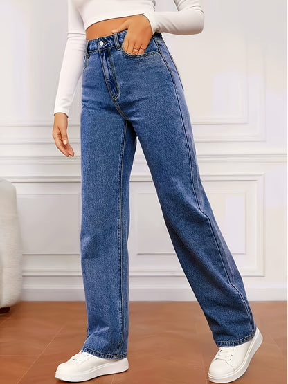 Light Blue Denim Zip Closure Straight Denim Trousers, High-waisted Street, Minimalist Design, Casual And Versatile, Loose Four-season Plus Size Jeans