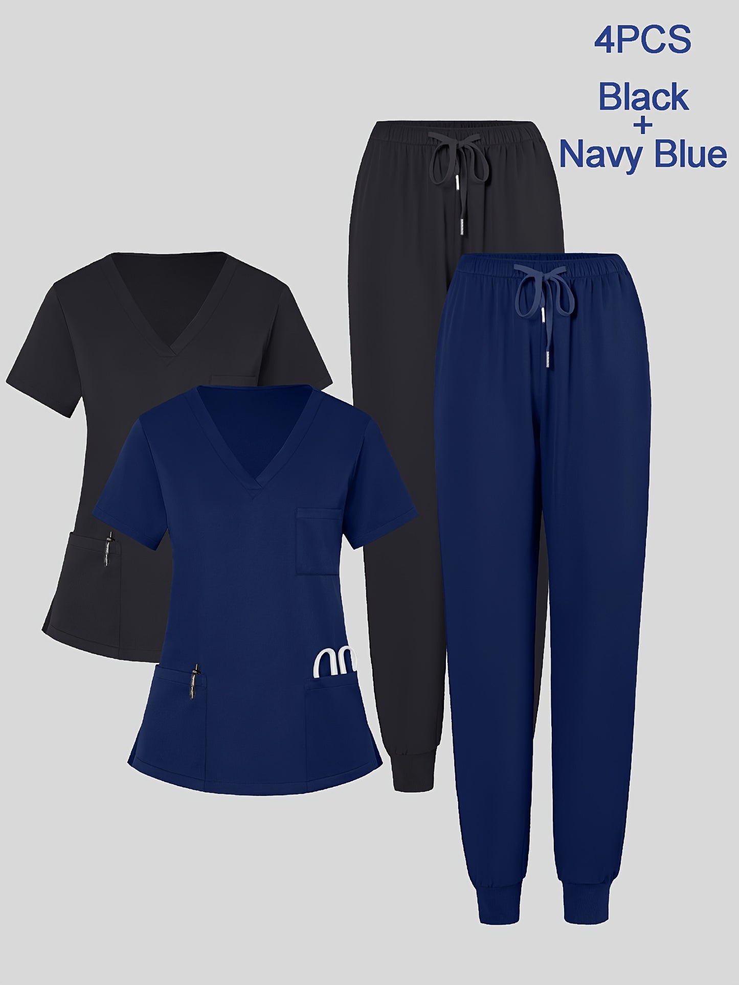 4pcs Set for Women's V-neck Matte Breathable Sports Uniform Pocket Hand Washing Work Clothes Brush Hand Clothes Tying Feet Pants Set