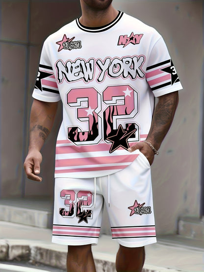Men's Loungewear, 2pcs Men's Casual Crew Neck T-shirt Set, "32" New York Pattern, Black Striped Design, Breathable Regular Version, Suitable for Daily and Formal Settings, Comfortable Wear, Outdoor Activities, Durable and Comfortable Fabric