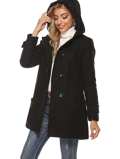 Women'S Hooded Double-Breasted Wool Blend Mid-Length Elegant Casual Coat