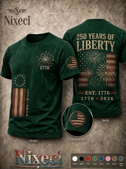 Nixeci Pure T-Shirt Men'S 180G Summer Crewneck Short Sleeve, Patriotic Vintage American Flag Fireworks Double-Sided Multi Print, 4Th of July Independence Day 250 Years of Liberty Casual Loose Fit Tee