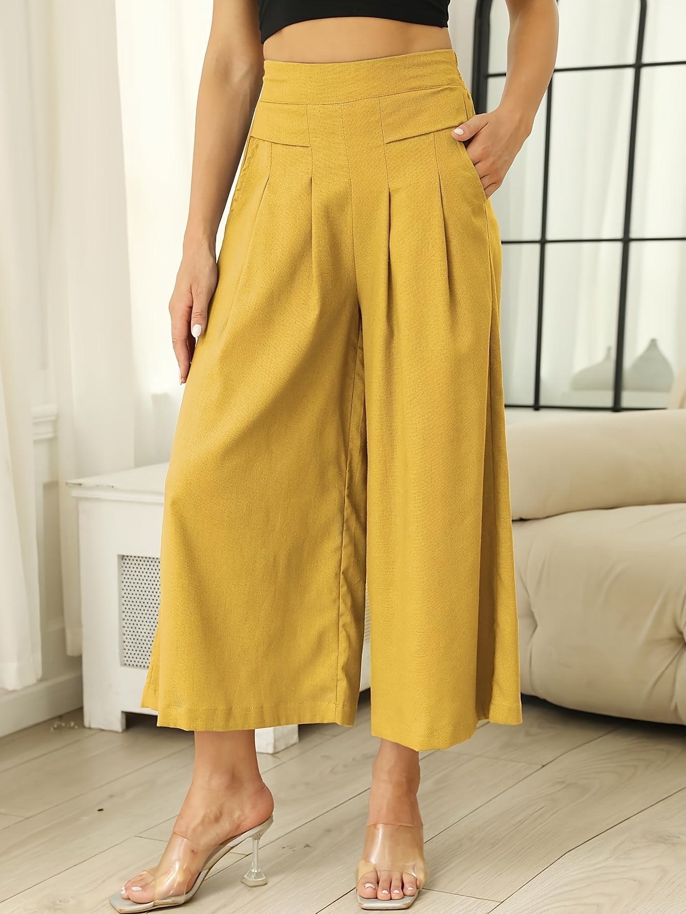 Women' Boho Linen Palazzo Wide Leg Pants - Elastic Capri Trousers with, 7/8 Length Culottes Suitable for Spring Summer Fall, Casual Solid Color Elastic Pants for Outfits & Casual Attire
