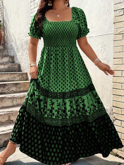 Plus Size - 1pc Spring Summer Mother'S Day Plus Size Women Elegant Bohemian Maxi Dress - Square Neck Puff Sleeve Smocked Bodice Floral Geometric Print Tiered Long Skirt Sophisticated Graceful Style For Vacation Beach Party Wear