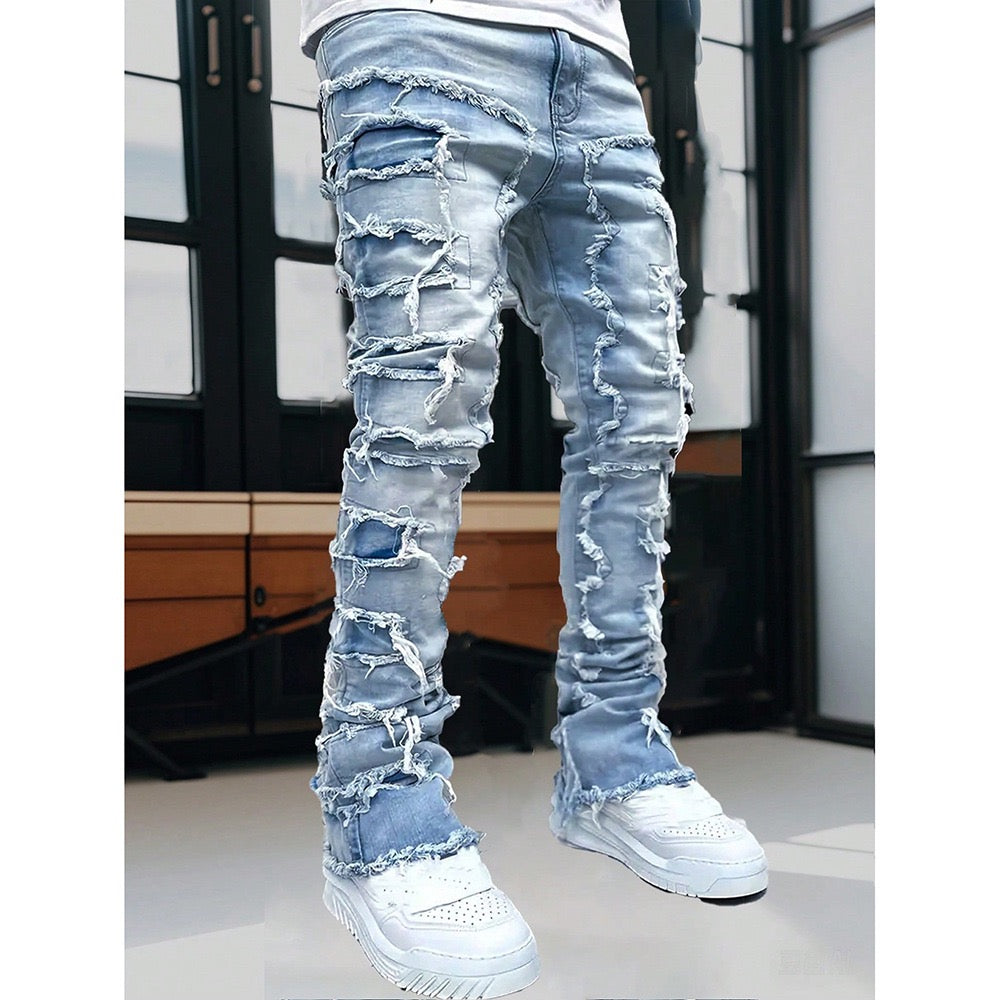 (Available In Five Colors) Teenager Ripped Jeans, Retro Street Style, High Street Patch Fabric, Popular Ripped Jeans, Fashionable Splicing, Slim Fit Jeans, Versatile Straight Jeans 1pc, Perfect for Outdoor, for Teenager