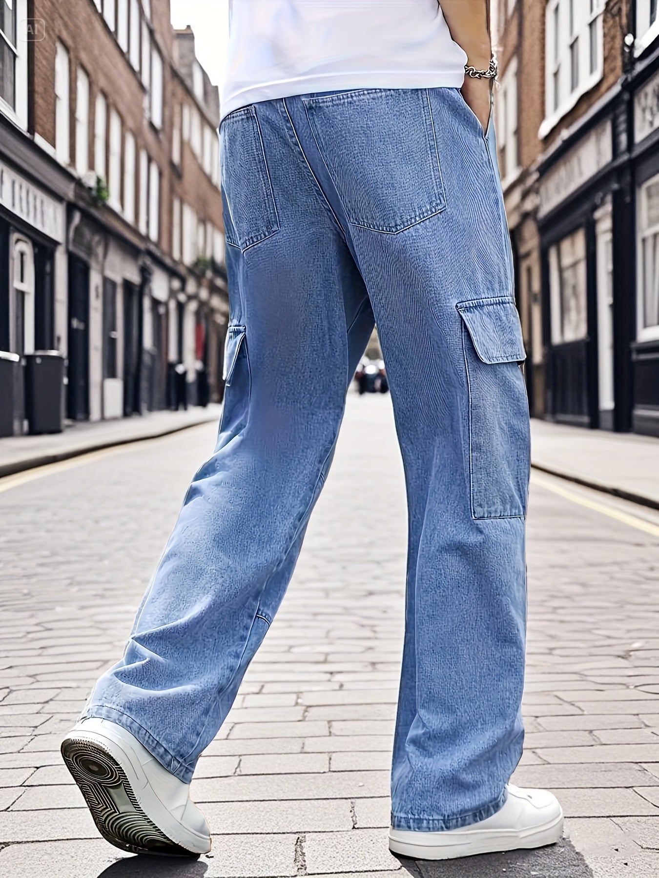 Men's Light Blue Denim Work Pants - Multi-Pocket Wide Leg Trousers Suitable for All- Outdoor Wear, Loose Fit High Street Style with Built-In Zipper Closure, Machine Washable Blended Denim for Casual & Work Pants