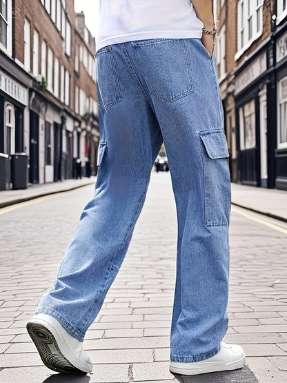 Men's Light Blue Denim Work Pants - Multi-Pocket Wide Leg Trousers Suitable for All- Outdoor Wear, Loose Fit High Street Style with Built-In Zipper Closure, Machine Washable Blended Denim for Casual & Work Pants