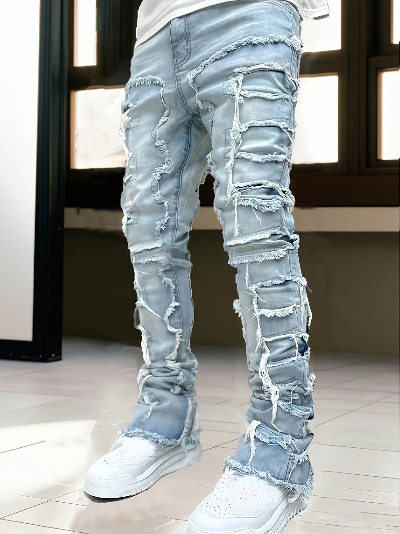 [HME] Men's Fashion Trendy Brand Jeans, Three-dimensional Cut And Creative Tassel Details, Street Hip-hop Style, Fringed Hem Design, Mid-waist Elastic Slim Flared Pants, Casual And Versatile Trendy Men's Plus-size Denim Trousers, PLUS SIZE