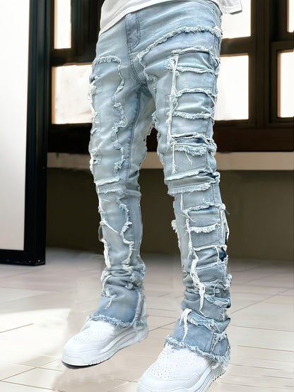 [HME] Men's Fashion Trendy Brand Jeans, Three-dimensional Cut And Creative Tassel Details, Street Hip-hop Style, Fringed Hem Design, Mid-waist Elastic Slim Flared Pants, Casual And Versatile Trendy Men's Plus-size Denim Trousers, PLUS SIZE