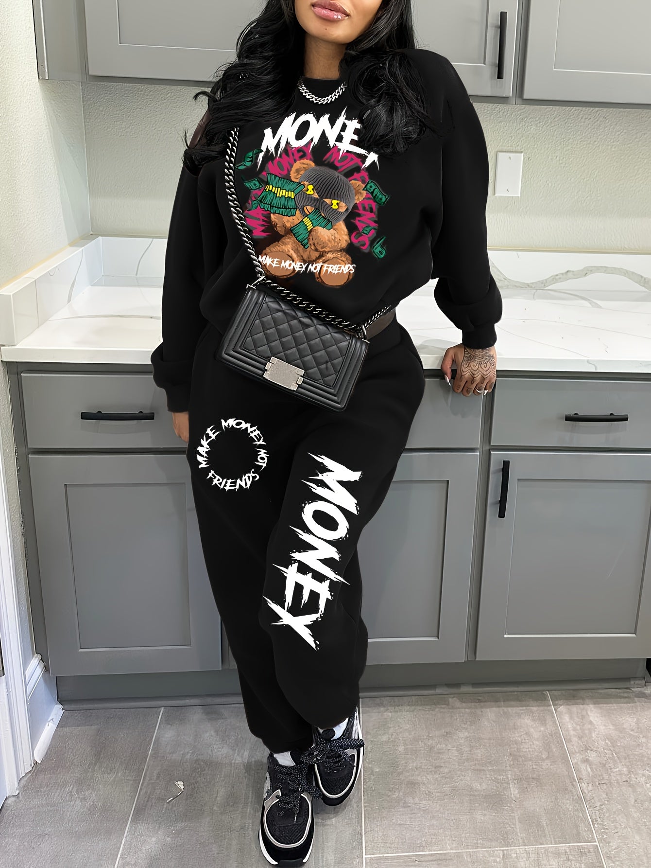 Women's Cozy Brown Sweatshirt & Jogger Set with "Money" Graphic - Casual Crew Neck, Long Sleeve, and Pants with Drawstring Waist - Perfect for Fall and Winter, Allseason Outfit|Playful Graphic Set|Comfortable Fit