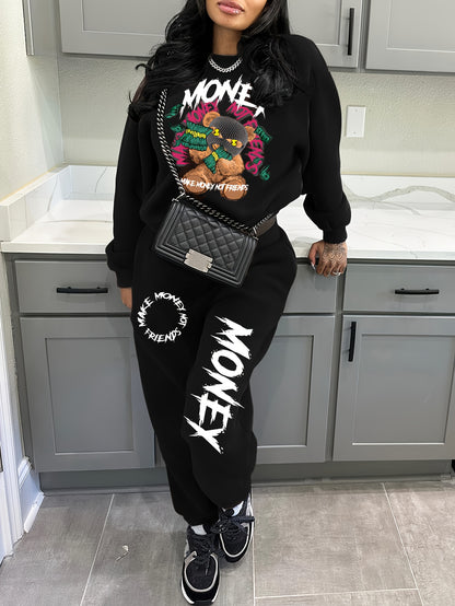 Women's Cozy Brown Sweatshirt & Jogger Set with "Money" Graphic - Casual Crew Neck, Long Sleeve, and Pants with Drawstring Waist - Perfect for Fall and Winter, Allseason Outfit|Playful Graphic Set|Comfortable Fit