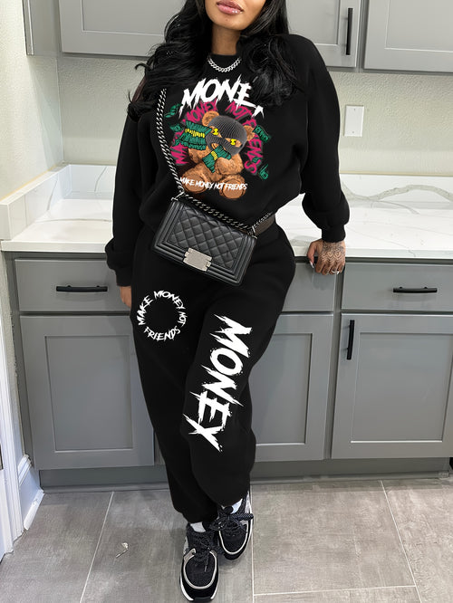 Women's Cozy Brown Sweatshirt & Jogger Set with "Money" Graphic - Casual Crew Neck, Long Sleeve, and Pants with Drawstring Waist - Perfect for Fall and Winter, Allseason Outfit|Playful Graphic Set|Comfortable Fit