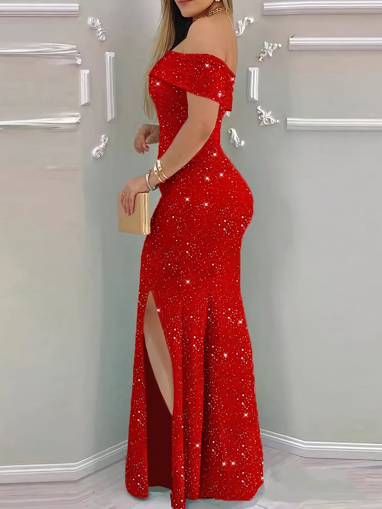 [Valentine's Day Gift] Elegant One-Shoulder Solid Color Slit to Thigh Elegant Peplum Party Sparkly Long Dress for Women, Valentine's Day Gift