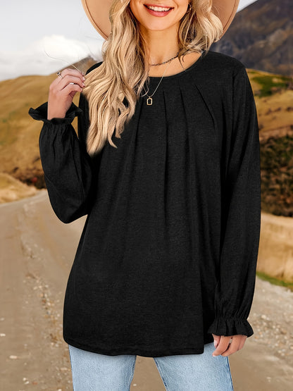 Womens Tops Dressy Casual Pleated Ruffle Long Sleeve Shirts Loose Fitting Blouses Tunic Tops