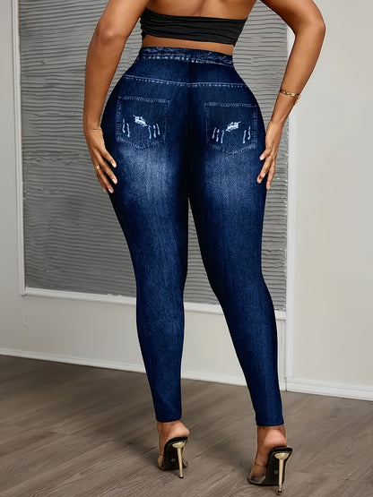 [Printed Pants - Not Denim Fabric]Plus Size - [Printed Pants - Not Denim Fabric]Plus Size - Chic Faux Denim Print Skinny Leggings for Women - Featuring Medium Stretch, Machine Washable for All Seasons
