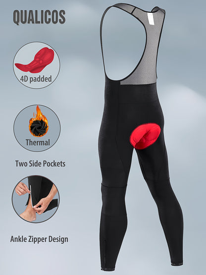 QUALICOS Men'S Insulated Cycling Bib Tights - Cold Weather Pants Featuring Fleece Lining, Shock-Absorbing Padding, Stretchy Mesh Material, Side Pockets & Ankle Zippers - Form-Fitting Bike Leggings for Winter Cycling, Running, And Commuting - Black