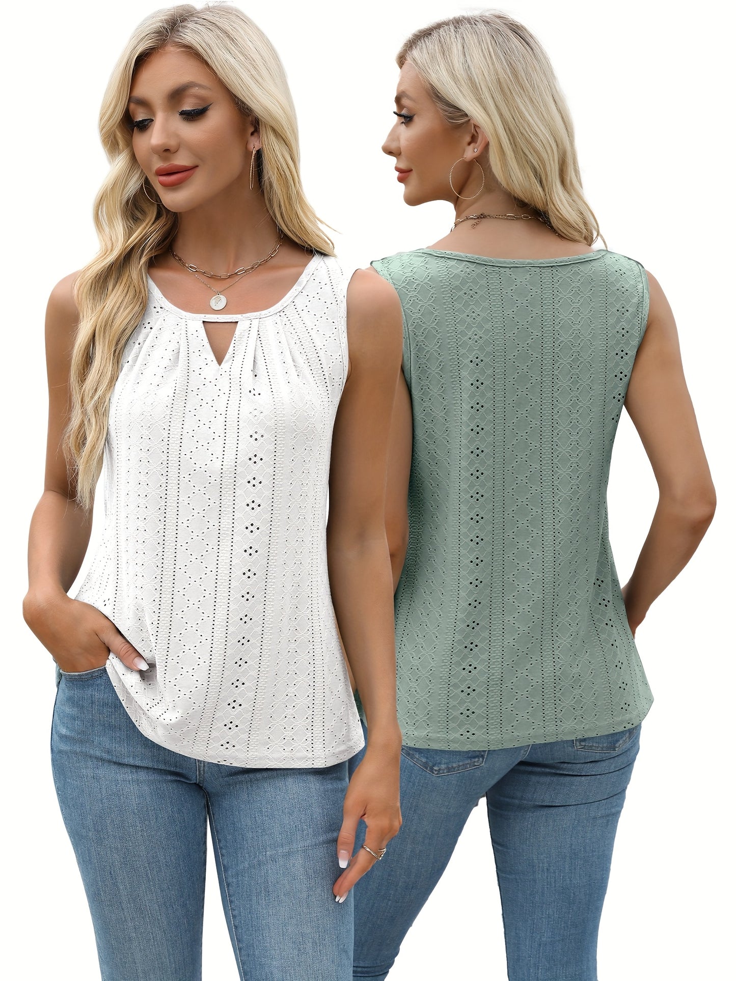 Women's Two-Piece Summer Tank Top Set - Sleeveless Eyelet Embroidery, Loose Fit, Business Casual Tops for Work & Everyday Wear[Women's Two-Piece Summer Tank