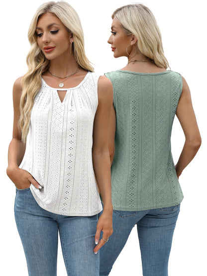Women's Two-Piece Summer Tank Top Set - Sleeveless Eyelet Embroidery, Loose Fit, Business Casual Tops for Work & Everyday Wear[Women's Two-Piece Summer Tank