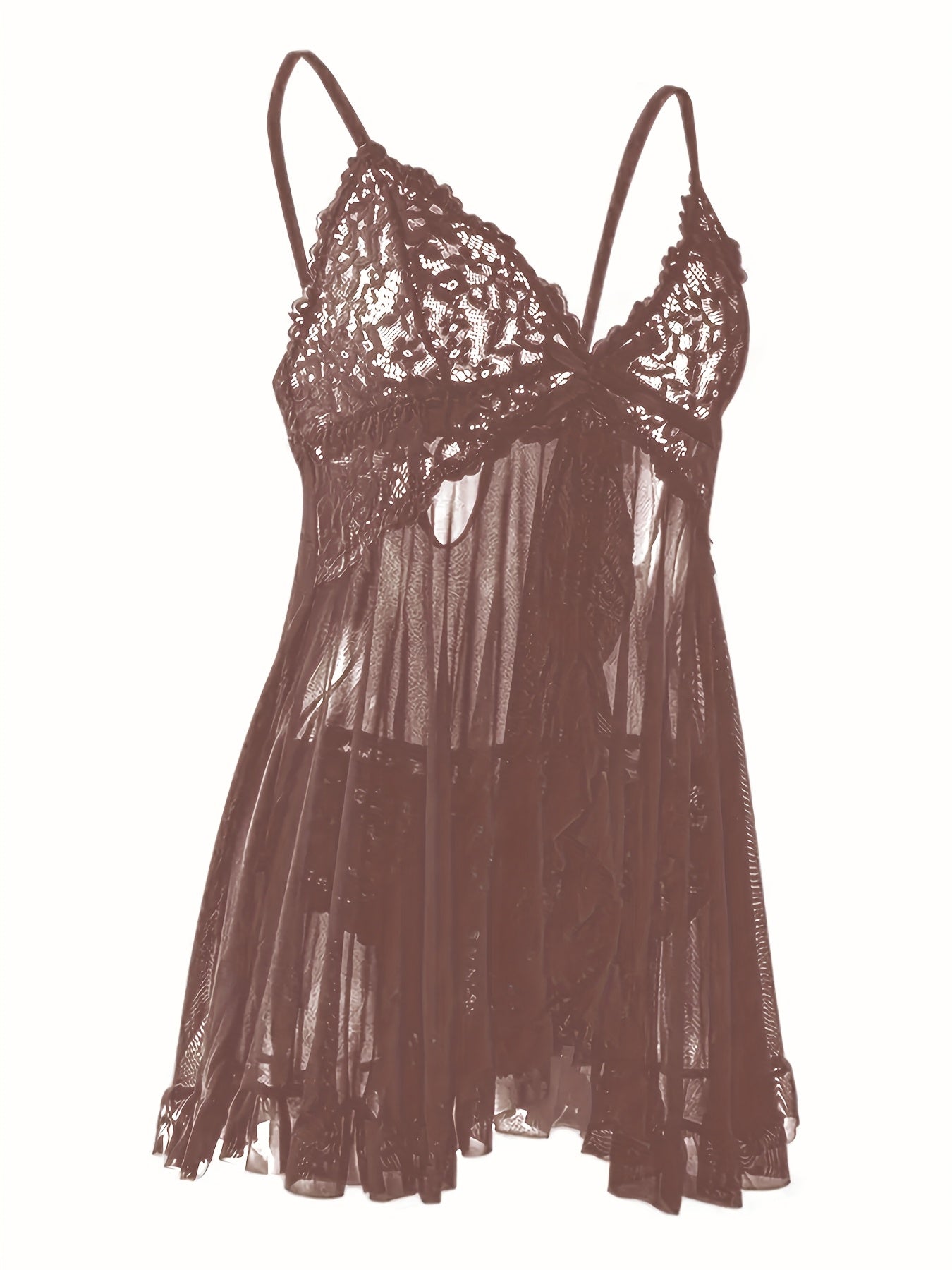Big Size Sultry Valentine Lace Sleepwear Dress Set - Exquisite Lace, Flattering V-Neckline, Daring Backless Design, Delicate Ruffle Trim, Trendy Split Hem, Seductive Thong Detail, Ultra-Comfortable Fabric, Perfect For Romantic Night, Anniversary Gift