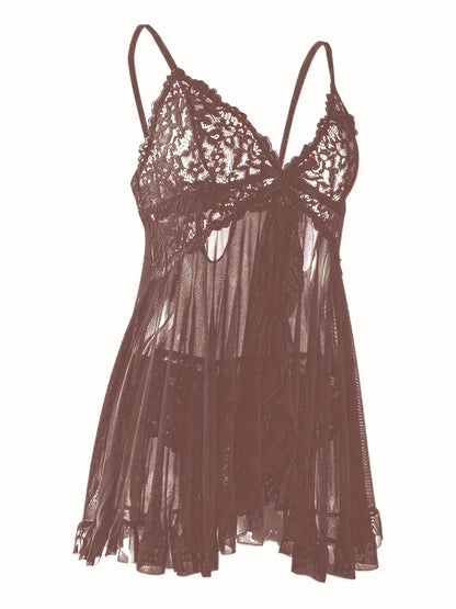 Big Size Sultry Valentine Lace Sleepwear Dress Set - Exquisite Lace, Flattering V-Neckline, Daring Backless Design, Delicate Ruffle Trim, Trendy Split Hem, Seductive Thong Detail, Ultra-Comfortable Fabric, Perfect For Romantic Night, Anniversary Gift