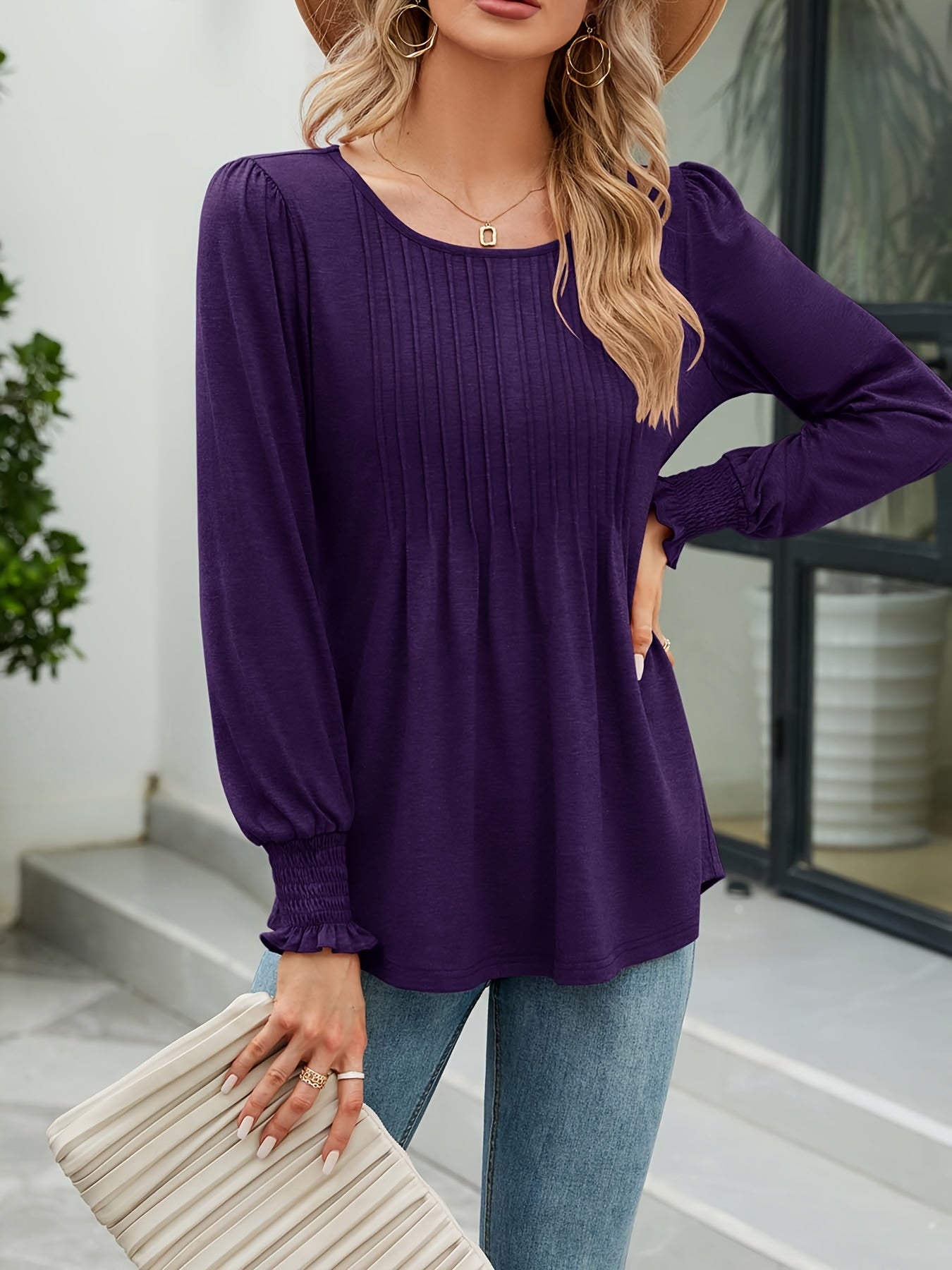 Women'S Autumn Puff Long Sleeve Tunic Tops Pleated Crew Neck Shirts Blouses Casual Loose T-Shirts