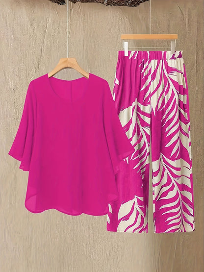 Plus Size - Plus Size - 2pcs Plus Size Women Set: Chiffon Batwing Sleeve Top And Plant Print Long Pants