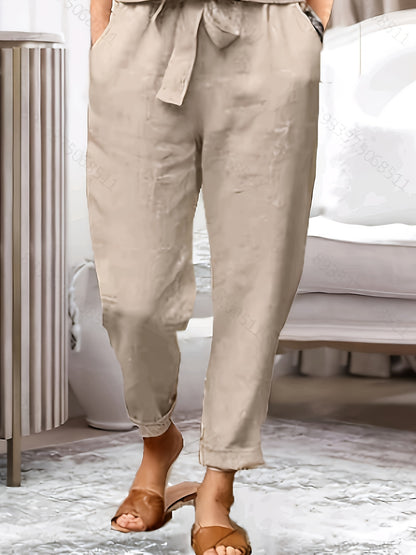 TOOLUCK Casual Solid Two-piece Set, Short Sleeve Simple Top & Tie Waist Pants Outfits, Women's Clothing