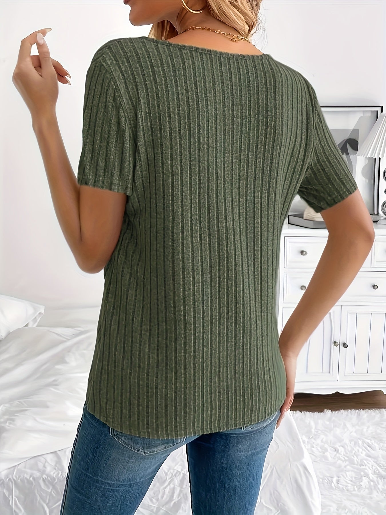 Elegant Spring/Summer Women's V-Neck T-Shirt with Chic Button Detail - Casual Ribbed Short Sleeve Top, Stretch Polyester, Machine Washable, Suitable for Everyday Style, Loose Fit Clothing | Button Detail Shirt | Structure
