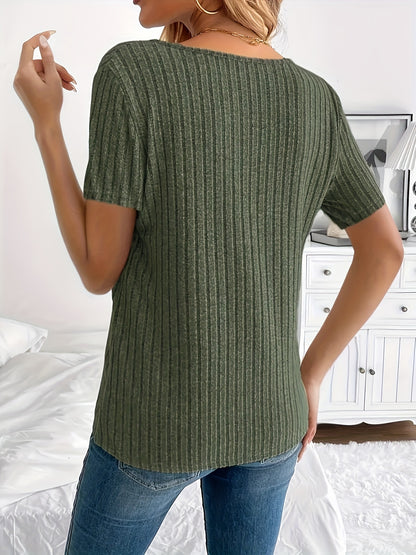 Elegant Spring/Summer Women's V-Neck T-Shirt with Chic Button Detail - Casual Ribbed Short Sleeve Top, Stretch Polyester, Machine Washable, Suitable for Everyday Style, Loose Fit Clothing | Button Detail Shirt | Structure
