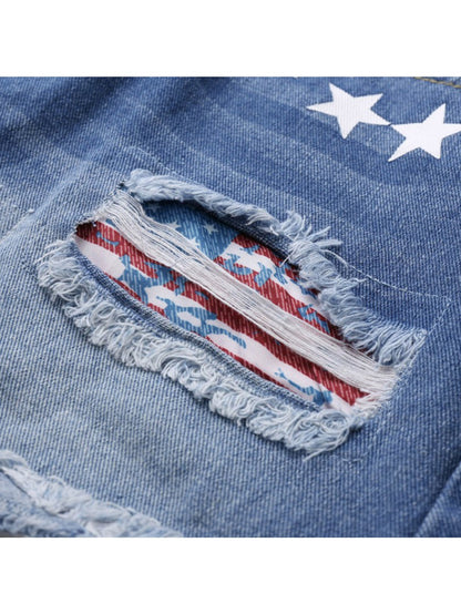 Women's Blue Denim Printed High-Waist Denim Shorts - product view 10