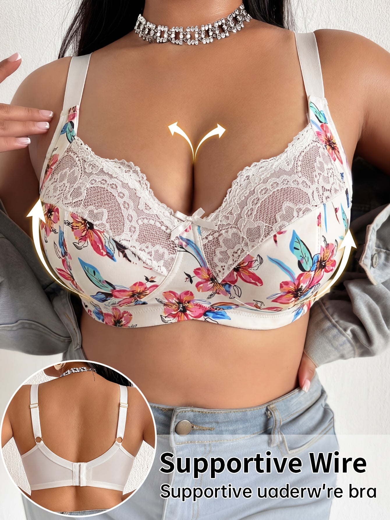 Women Deep V U-Back Bra, Floral Print Lace Spliced, Wire-Free Non-Padded Thin Breathable Intimates, Daily Lingerie For Spring Summer